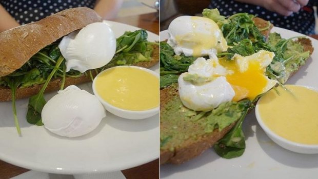 The sunflower rye bread with spinach, poached eggs, Cajun avocado and hollandaise ($16). Before and after the obligatory egg-cutting.