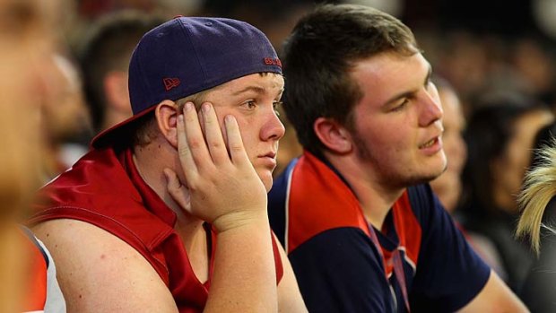 Demons fans look on during the round two match against Essendon.
