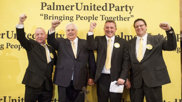 Former boxer Barry Michael, Clive Palmer, former AFL footballer Doug Hawkins and former rugby league footballer Glenn Lazarus at the Palmer United Party announcement in Melbourne.