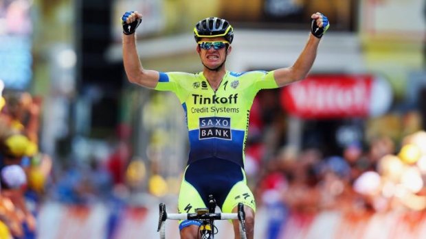 Great form ... Michael Rogers of Australia and the Tinkoff-Saxo team celebrates winning stage 16 of the 2014 Tour de France, a 238km stage between Carcassonne and Bagneres-de-Luchon.