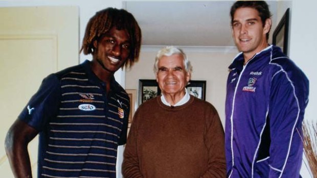 Polly Farmer with West Coast youngster Nic Naitanui and Fremantle ruckman Aaron Sandilands.