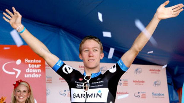 West Australian Cameron Meyer celebrates winning the 2011 Tour Down Under.