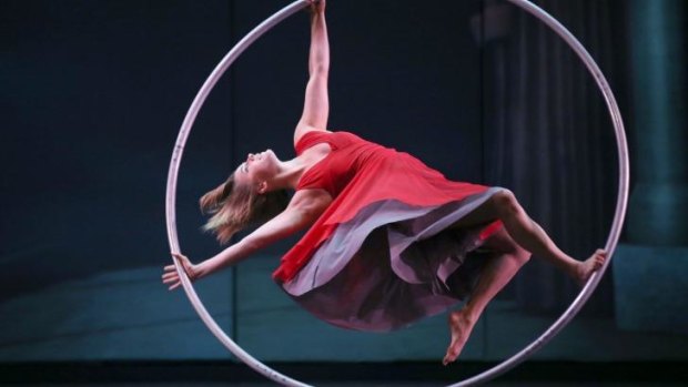 Lea Toran Jenner of the Canadian troupe Cirkopolis performs with a ring during a dress rehearsal.