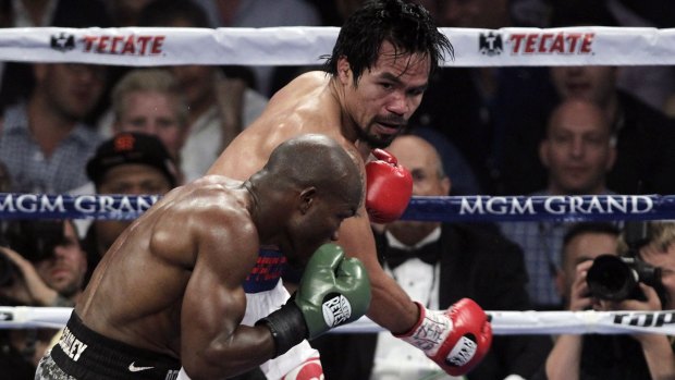 Manny Pacquiao goes on the offensive against Timothy Bradley during their WBO welterweight title fight in Las Vegas, 2014.
