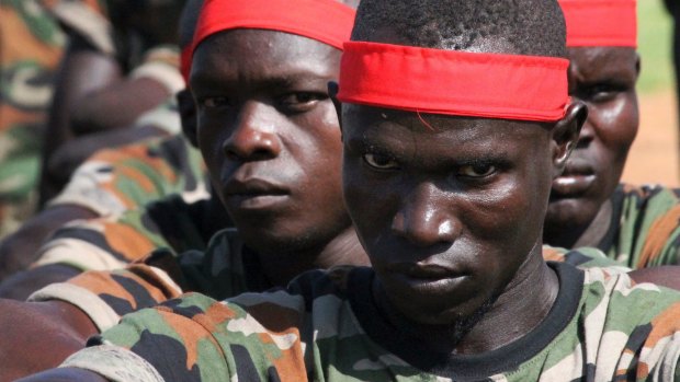 South Sudanese government soldiers during a military parade.
