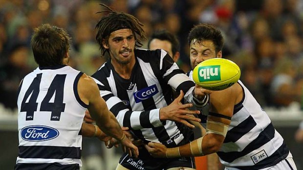 No advantage: Collingwood's Scott Pendlebury against Geelong. The AFL has acknowledged the umpire erred in disallowing advantage to Pendlebury.