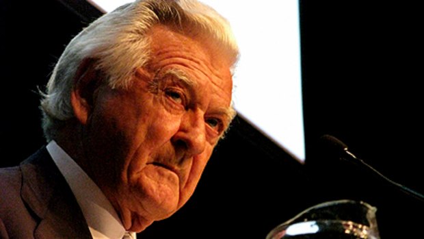 Former Labor Prime Minister Bob Hawke speaks at the business luncheon in Brisbane.