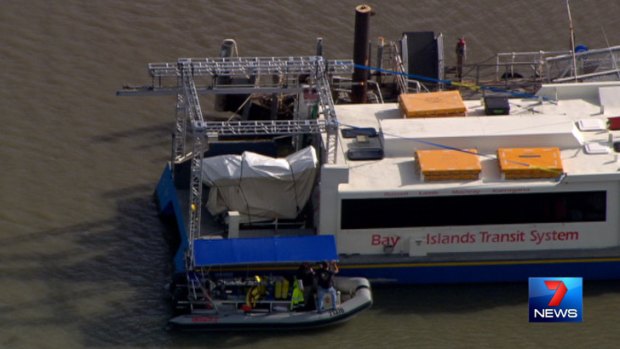 Film equipment on one of Stradbroke Ferries' water taxis. Photo: Seven News.