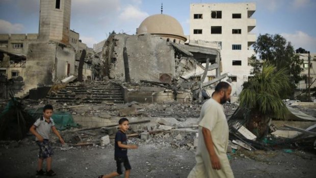 The ruins of a mosque, which police said was hit in an Israeli air strike in Gaza City.