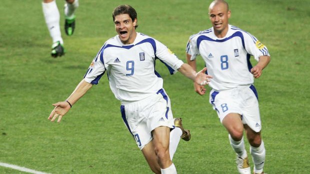 Angelos Charisteas celebrates his goal in the Euro 2004 final.