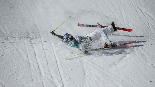 Australia's Russell Henshaw crashes during his second run in the men's ski slopestyle final.