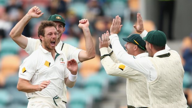 Happy days:  James Pattinson  celebrates dismissing Jermaine Blackwood during day three of the first Test between Australia and the West Indies at Blundstone Arena