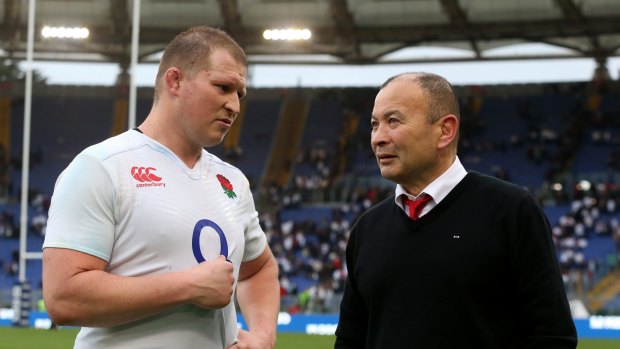 England captain Dylan Hartley speaks with head coach Eddie Jones. Photo: Getty Images