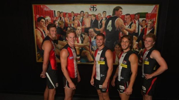 Young Saints Tom Hickey, Jimmy Webster, Nathan Wright, Josh Saunders and Jack Newnes at   the Seaford clubrooms.