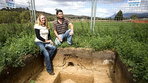 Aboriginal heritage officer Aaron Everett with archaeologist Cornelia de Rochefort at the Jordan River excavations in Tasmania.