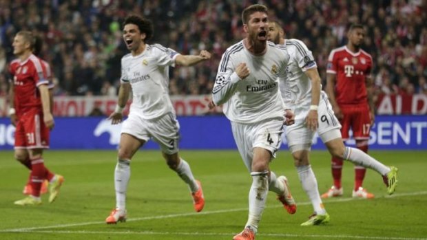 Sergio Ramos celebrates scoring Real's second goal.