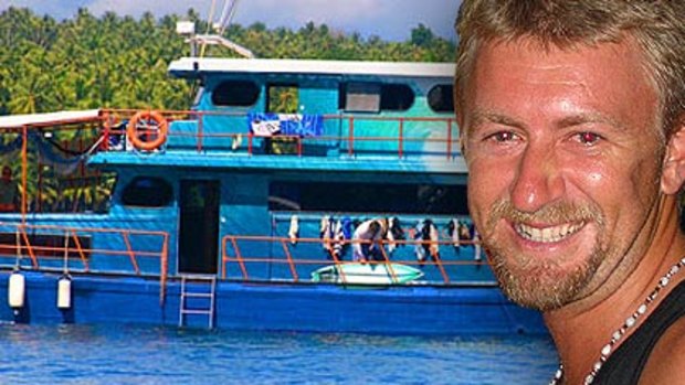 Chris Scurrah, pictured with his boat, Southern Cross. <I>Photo of Chris Scurrah: Sandra Scurrah. Photo of boat: Sumatran Surfariis website</i>