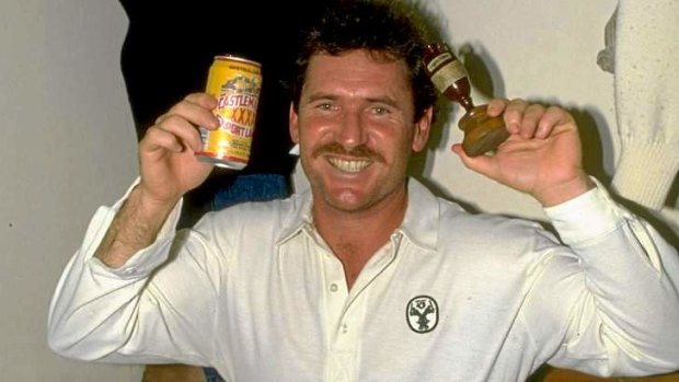 Border, top right, holds the Ashes after the sixth Test against England at The Oval in London in 1989. The match ended in a draw.