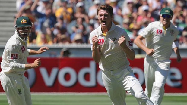 Flying success &#8230; Jackson Bird celebrates his first Test wicket.