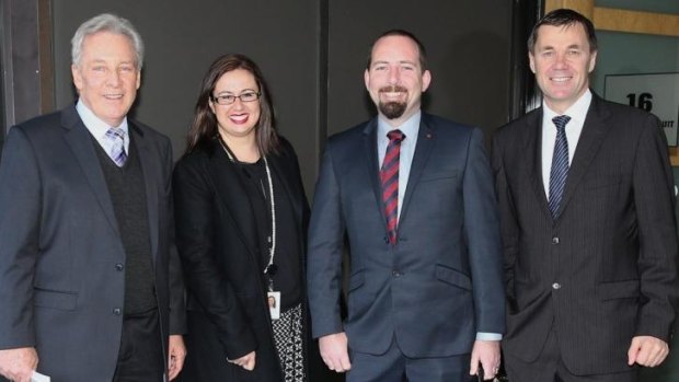 And one remains: Australian Motoring Enthusiast Party senator Ricky Muir (second from right) in July with advisers Peter Breen (left), Sarah Mennie and Glenn Druery. All three advisers have now left the team.