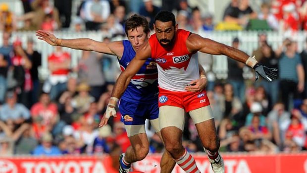 Adam Goodes in action against the Western Bulldogs in round 18.