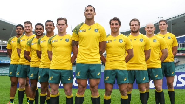 SMH SPORT
Wallabies players wearing the new Wallabies World Cup jersey launched today in Sydney.10th June 2015
Photo Dallas Kilponen