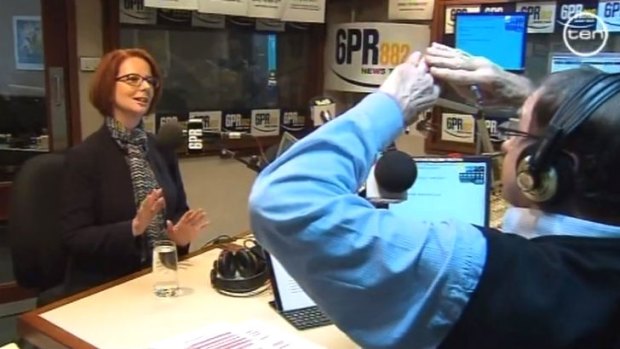6PR host Howard Sattler interviewing Julia Gillard in the studio.