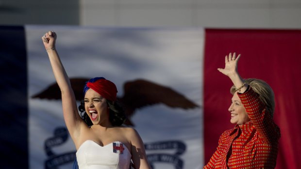Pop singer Katy Perry and Hillary Clinton at a Democrat fundraiser in Iowa last year. 
