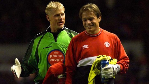 11 Oct 1999;  Peter Schmeichel and Mark Bosnich during the Sir Alex Ferguson Testimonial Manchester United v The Rest Of The World XI at Old Trafford, Manchester.