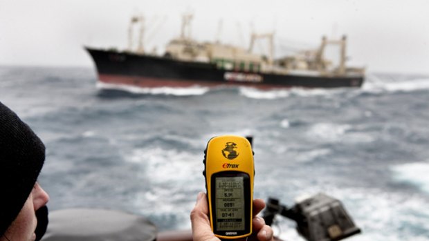 In protected waters … a GPS locator aboard the Steve Irwin shows the Japanese whaler is just 100 nautical miles from Davis Station and well inside the Australian Exclusive Economic Zone.