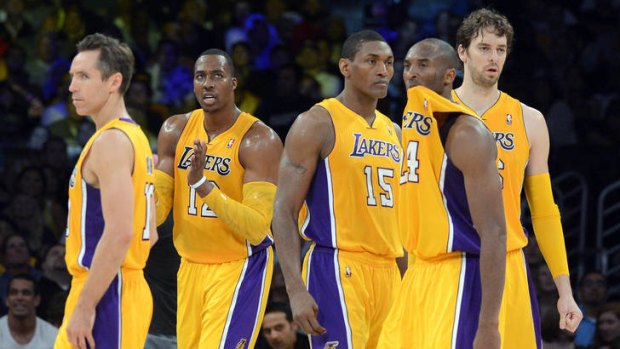 The LA Lakers' imposing starting five - Steve Nash, Dwight Howard, Metta World Peace, Kobe Bryant and Pau Gasol.