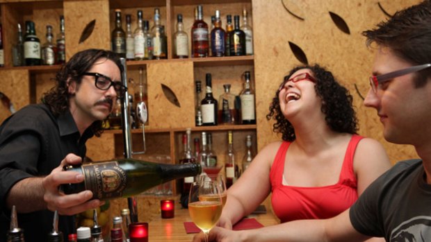 Drinking renaissance...Josh Bladwell and Frances Lockie sample sparkling cider at the Bentley Restaurant and Bar in Surry Hills
