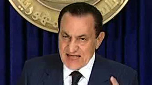 Stepping down ... President Hosni Mubarak addresses the nation on Egyptian State TV.