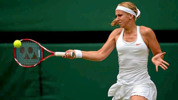 Sabine Lisicki of Germany hits a forehand during her Wimbledon semi-final victory over Poland's Agnieszka Radwanska.