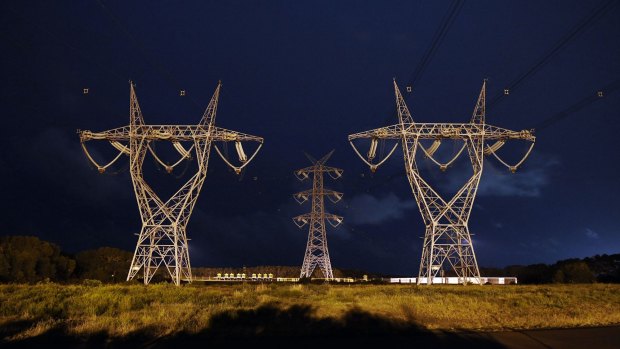 Power lines leading to the Alcoa smelter at Portland.