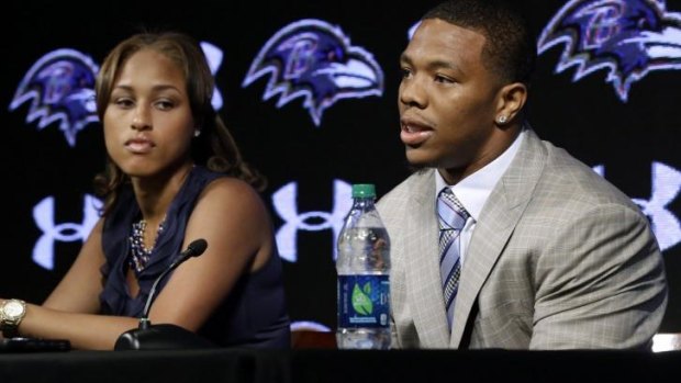 Running back Ray Rice, right, speaks alongside his wife, Janay, during a news conference on May 23 at the Baltimore Ravens' practice facility after the first video surfaced.