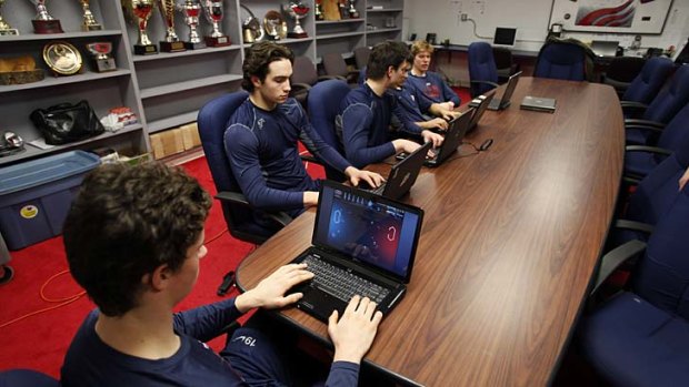 USA Hockey players play the IntelliGym computer game in Ann Arbor, Michigan.