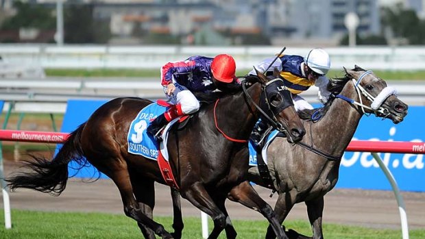 No you don't: Manighar (right) rallies to narrowly hold out Southern Speed in the Australian Cup.