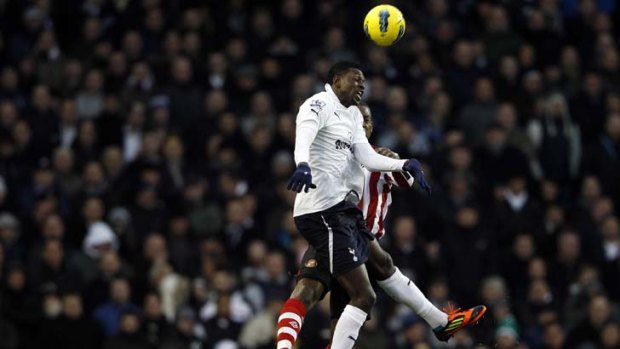 Up in the air ... Tottenham Hotspur’s Emmanuel Adebayor challenges Sunderland’s Titus Bramble for aerial supremacy in their English Premier League clash on Sunday.  The 1-0 win kept Spurs in third spot, five points behind Manchester United.