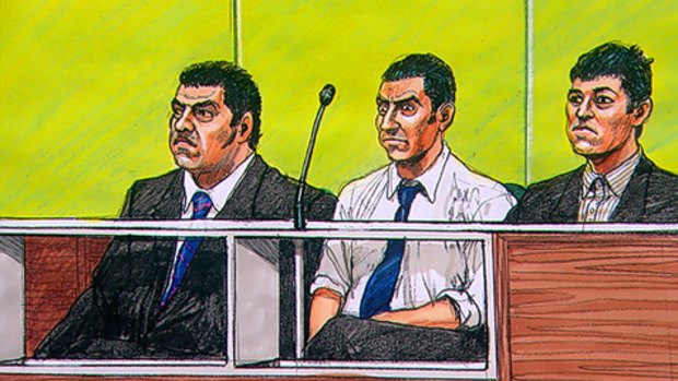 Court sketch of Alfer Azzopardi, Michael Baltatzis and Sean Gabriel.  Courtesy of  Nine Network