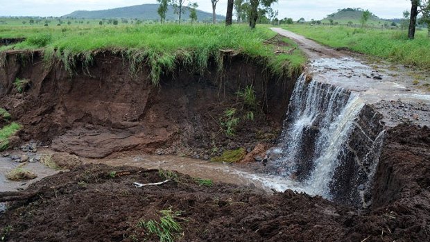 Floods and torrential rain have caused massive erosion on Scanlans Road, north of Gayndah.