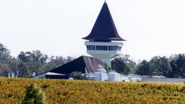 The Mitchelton Wines vineyards at Nagambie with the distinctive ''witch's hat'' tower.