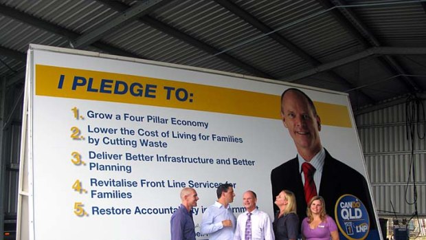 Campbell Newman launches his "LNP pledge trailer" in Brisbane.