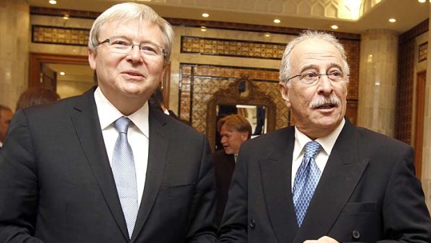 Calling for a no-fly zone ... Kevin Rudd, left, speaks toTunisia Foreign Minister Mouldi Kefi.