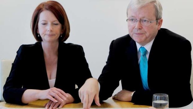 Julia Gillard and Kevin Rudd show the strain during the 2010 election campaign after Ms Gillard had toppled Mr Rudd for the prime ministership.