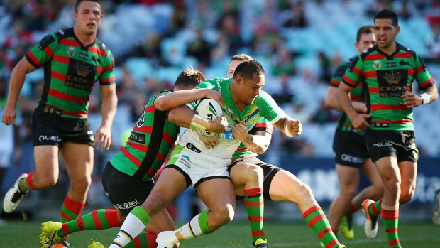 Fit and firing: Joey Leilua is tackled during the game against South Sydney.