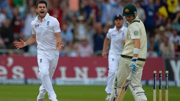 Skittled: James Anderson celebrates after bowling  Michael Clarke.