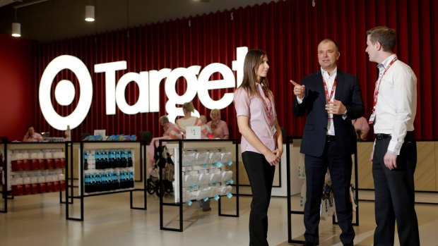 Target boss Stuart Machin  tours the new Frankston store with manager ScottWithey and homeware manager Hanna Brasier.