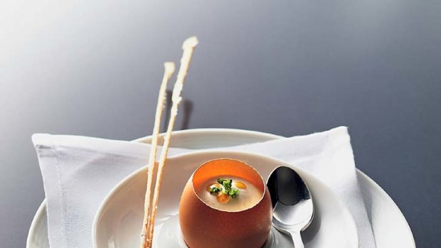 An homage to Alain Passard ... chaud-froid free-range egg and grissini.