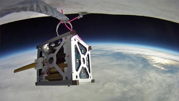 NASA plans to launch three smartphone nanosatellites later this year. Above is the PhoneSat 1.0 during a high-altitude balloon test.